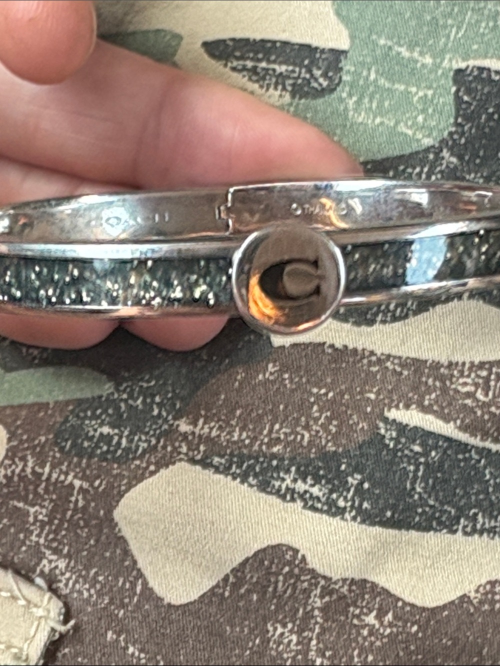 Coach Silver-Tone Glitter Inlay Signature Hinge Bangle